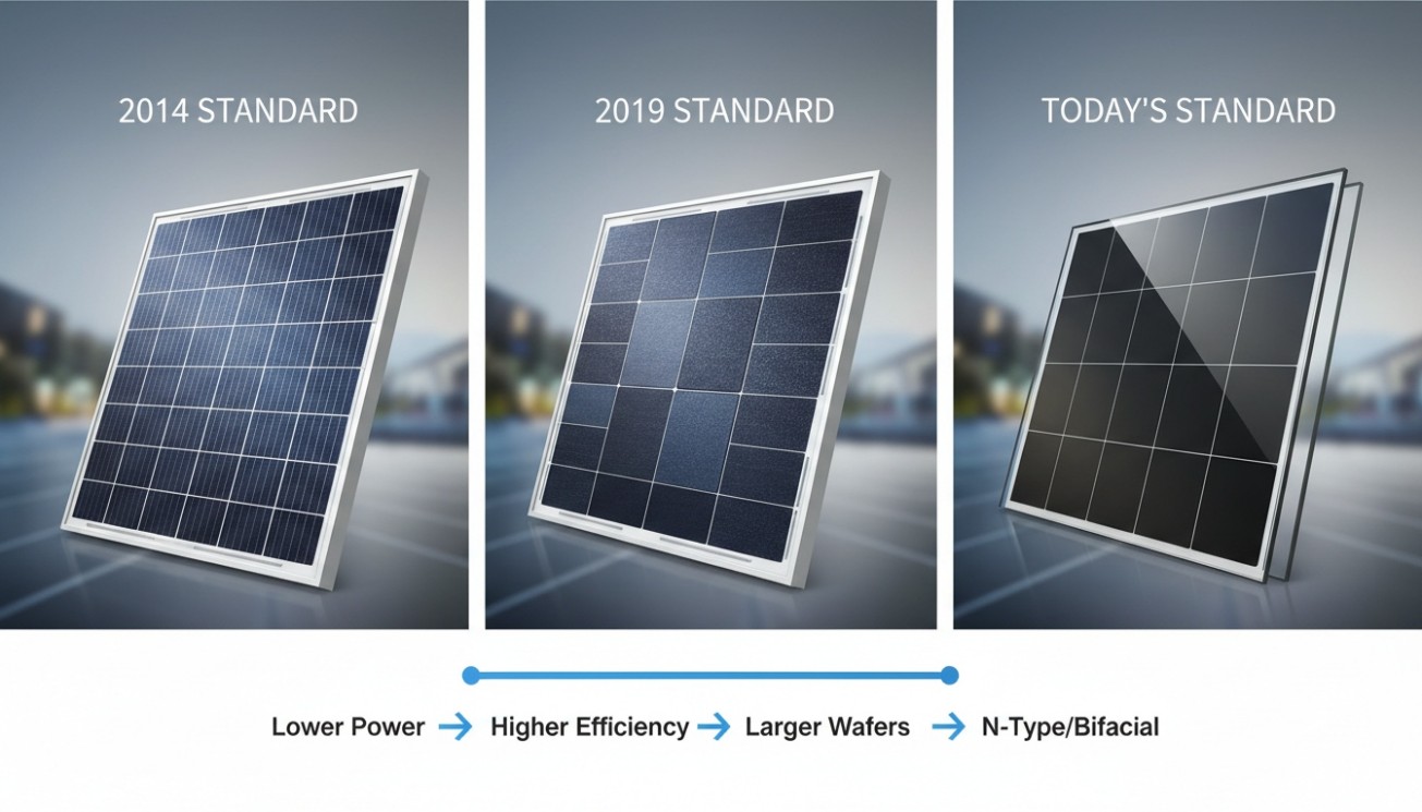 Evolution of standard PV modules from lower power panels to higher efficiency N-type and bifacial solar modules